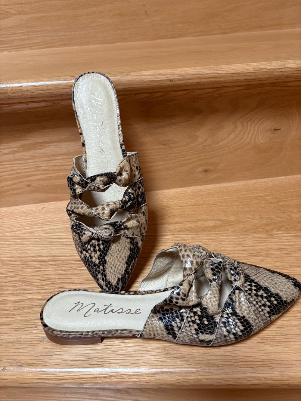 Matisse Beige and Black Snake-Print Knot Slip-On Mules